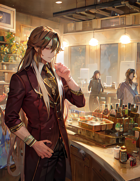 料理を楽しんでいる細身なロングヘアーイケメンの絵