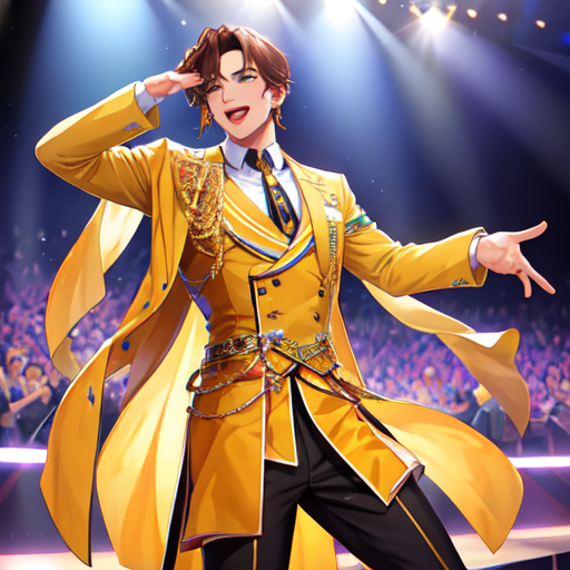 派手な衣装でパフォーマンスしているイケメンアイドルの絵