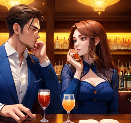 一緒にお酒を飲んでいるイケメンホストと美女