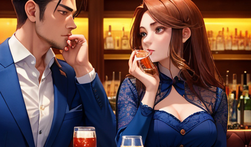 一緒にお酒を飲んでいるイケメンホストと美女