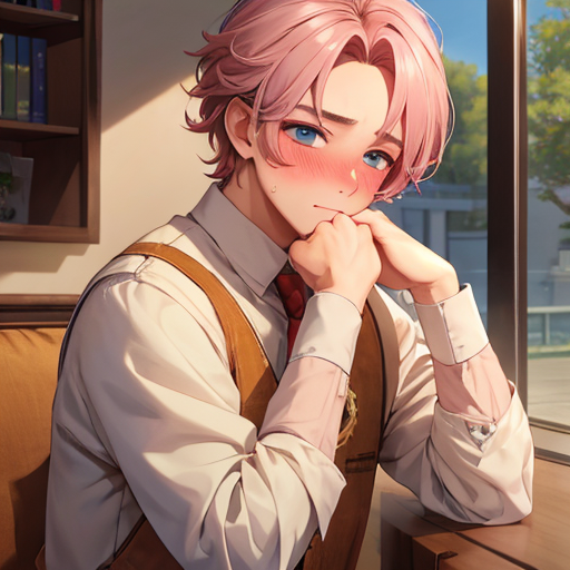ピンク髪で女の子みたいにかわいらしい顔の男子がはずかしそうに赤面している萌え系イラスト