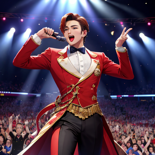 大勢の観客に囲まれて歌っているイケメンアイドル