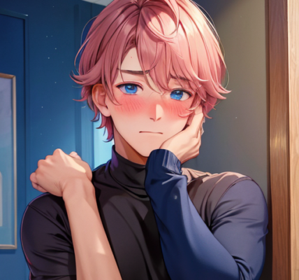ピンク髪の赤面した美少年