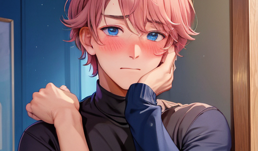 ピンク髪の赤面した美少年