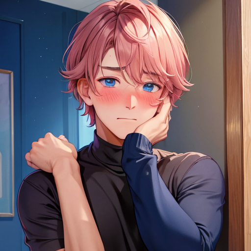ピンク髪の赤面した美少年