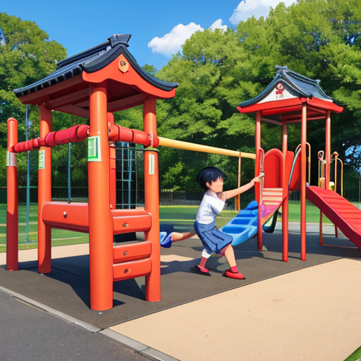 和風な遊具で遊んでいる男子