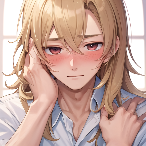 金髪ロングヘアーのイケメン男子が恥ずかしそうに赤面している顔